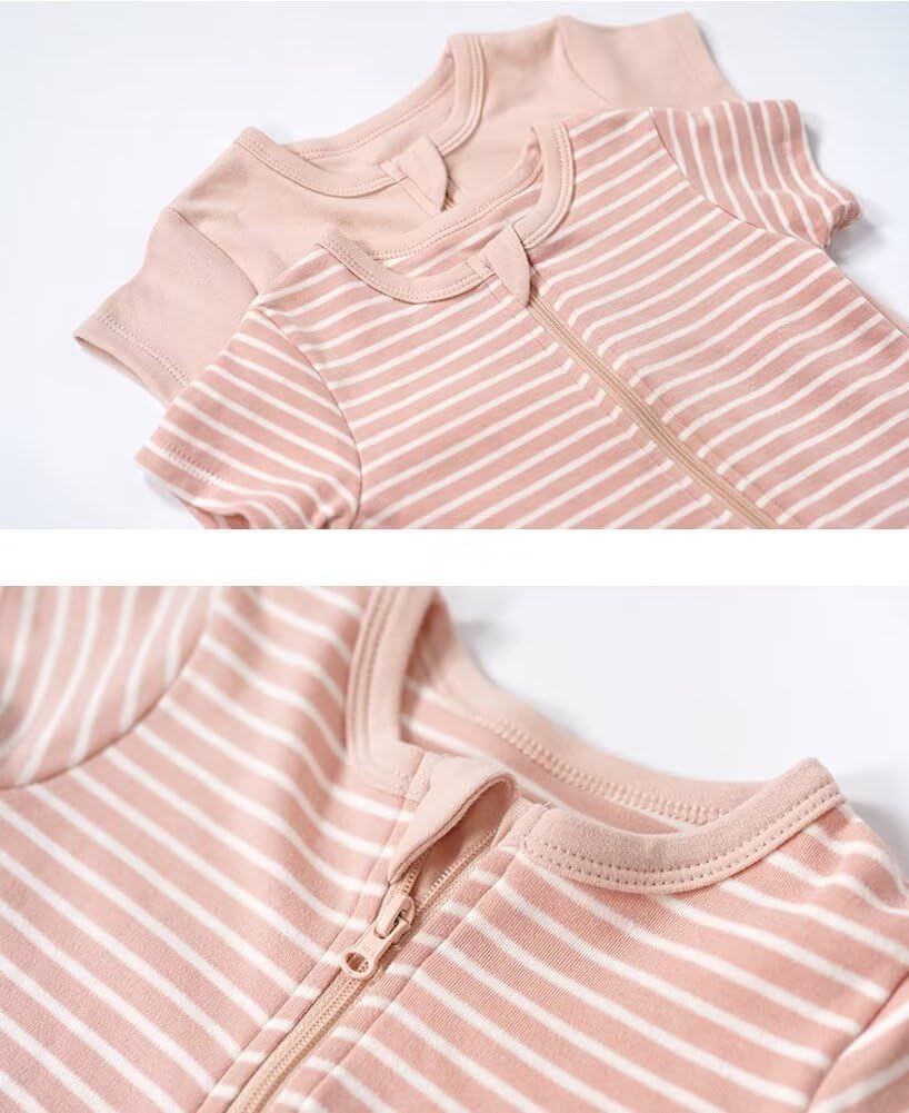 Teach Leanbh Unisex Baby 2 Pack Pajamas Cotton Short Sleeve 2 Way Zipper Stripe Soild Romper Jumpsuit Sleep and Play