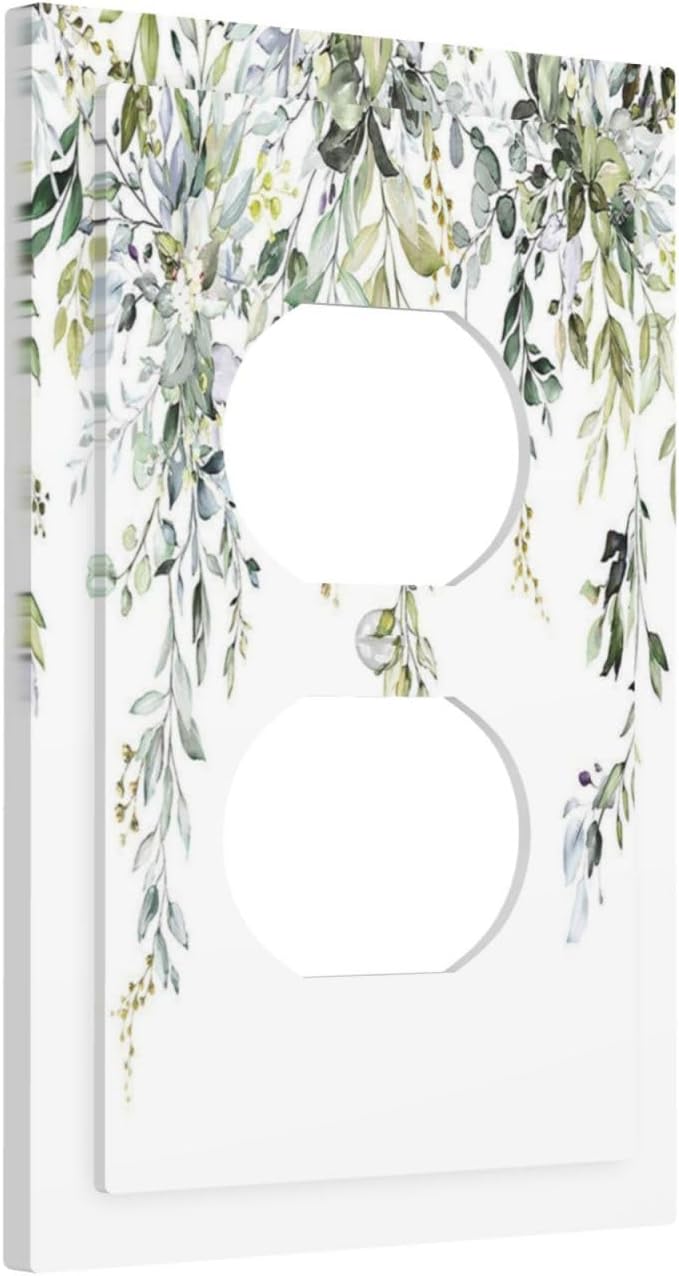 Outlet Covers Boho Farmhouse Flower Leaf Sage Green 1 Gang Duplex Wall Plate Decorative Switch Plates Electrical Receptacle Faceplate Light Switch Cover for Bedroom Cabin Decor