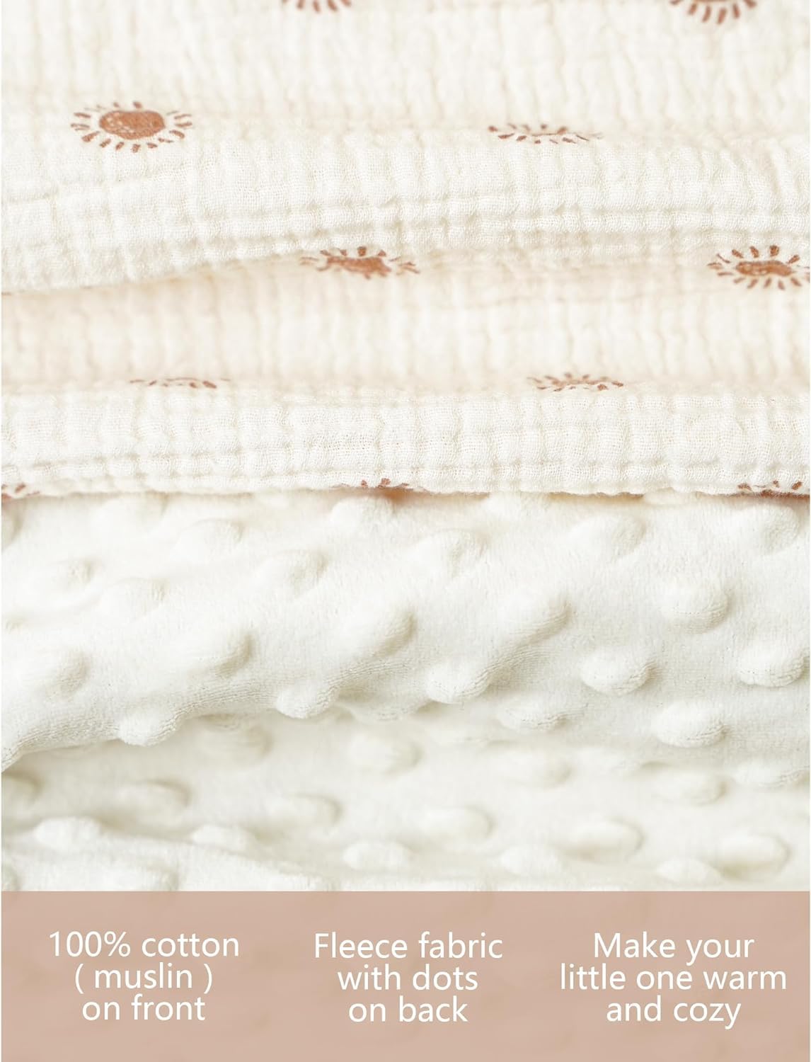 Konssy Baby Blankets for Unisex Boys Girls, Super Soft Nursery Minky Blankets with Muslin Cotton Front and Dotted Fleece Backing, Printed Bed Throws Newborn