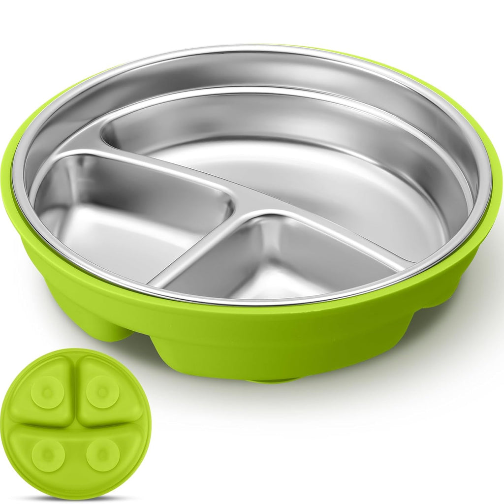Nuogo 1 Pcs Stainless Steel Baby Suction Plates with Removable Silicone Shell 2-in-1 Metal Toddler Bowl Divided for Picky Eaters Kid Feeding Led Weaning Supply, Dishwasher Safe (Green)