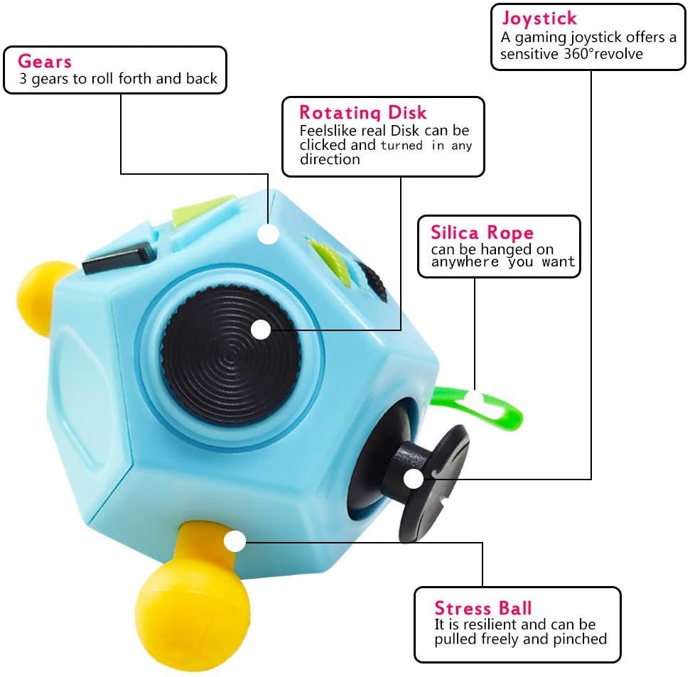 12 Sided Cube Toys,Fidget Toys Relief Stress and Anxiety Depression Anti for Kids and Adults with ADD, ADHD, OCD, Autism(Blue & Mix Colors B3)