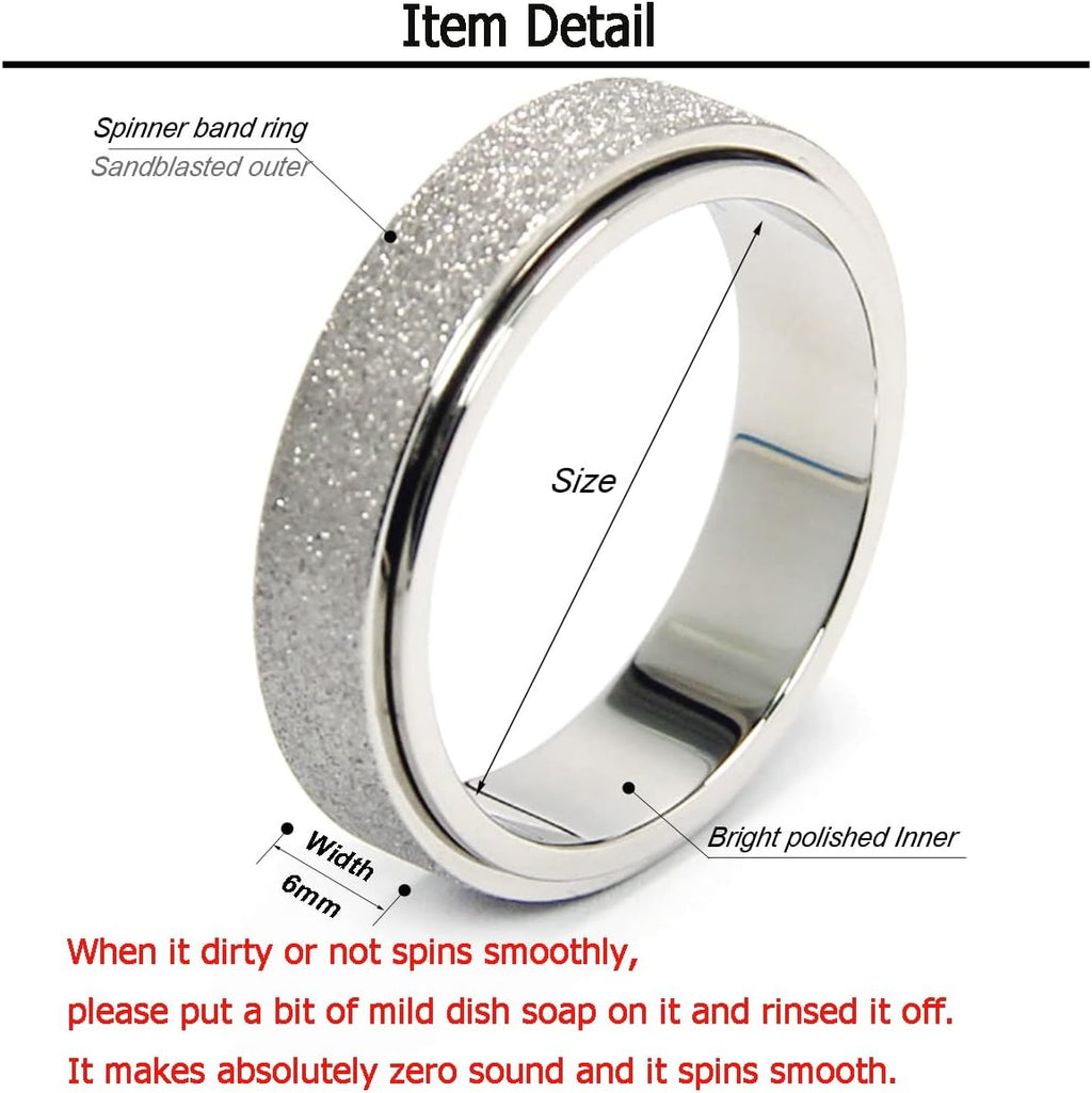Anxiety Ring for Women Men, Titanium Stainless Steel Spinner Ring, 5 Colors, 6MM, Size 6-10, 3 Styles Anxiety Ring-Moon Star, Sandblasted Finished, Hollow Outer