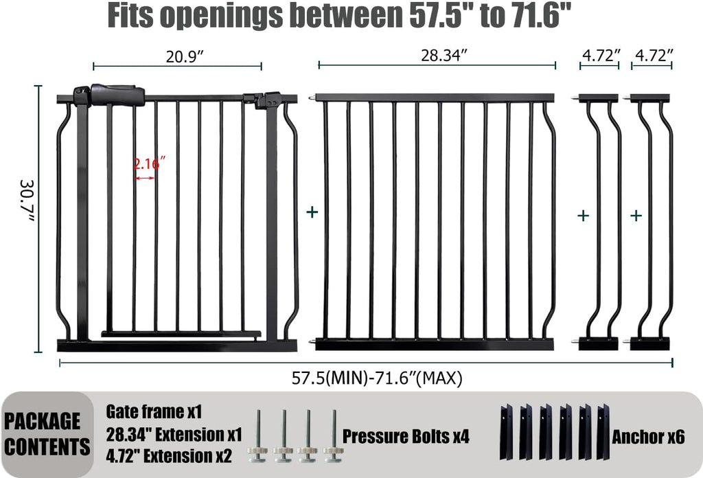 Extra Wide Baby Gate 67-71.6 Inch, Heavy Duty Safety Gate Indoor for Kids & Pets, Black Metal Dog Gate, Pressure Mounted No Drilling Pet Gate for Large Openings, 30 Inch Tall