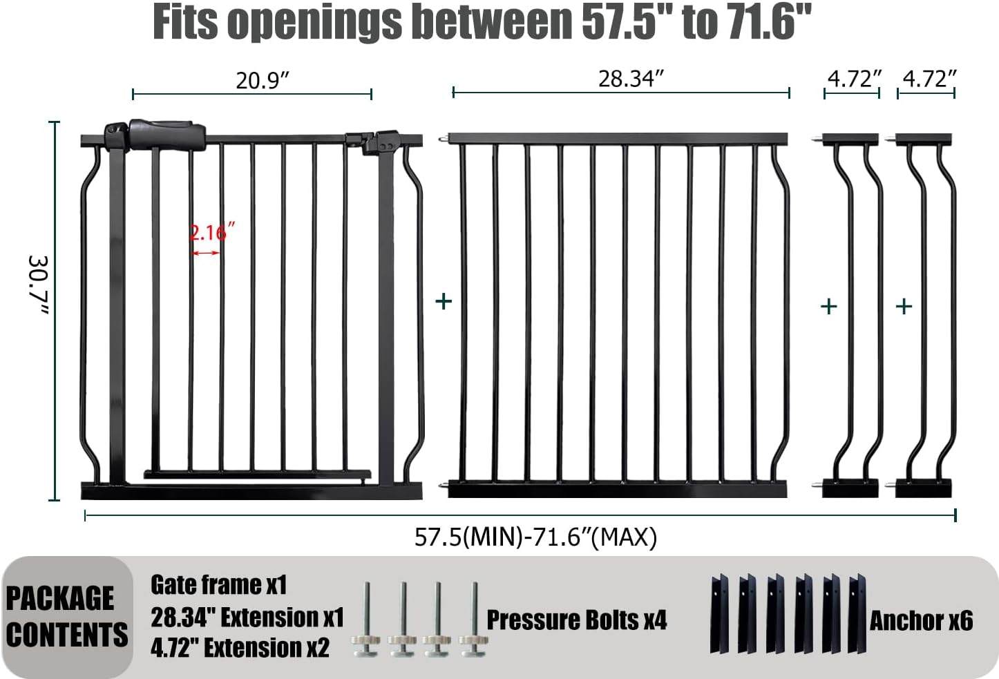Extra Wide Baby Gate 67-71.6 Inch, Heavy Duty Safety Gate Indoor for Kids & Pets, Black Metal Dog Gate, Pressure Mounted No Drilling Pet Gate for Large Openings, 30 Inch Tall