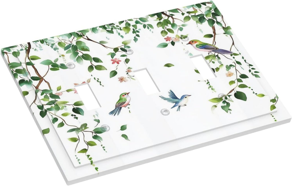 Decorative Switch Plates Green Leaves Bird Eucalyptus Sage Plant 3 Gang Wall Plate Triple Toggle Light Switch Cover Faceplate Electrical Wall Panels For Bed Room Living Room Decor