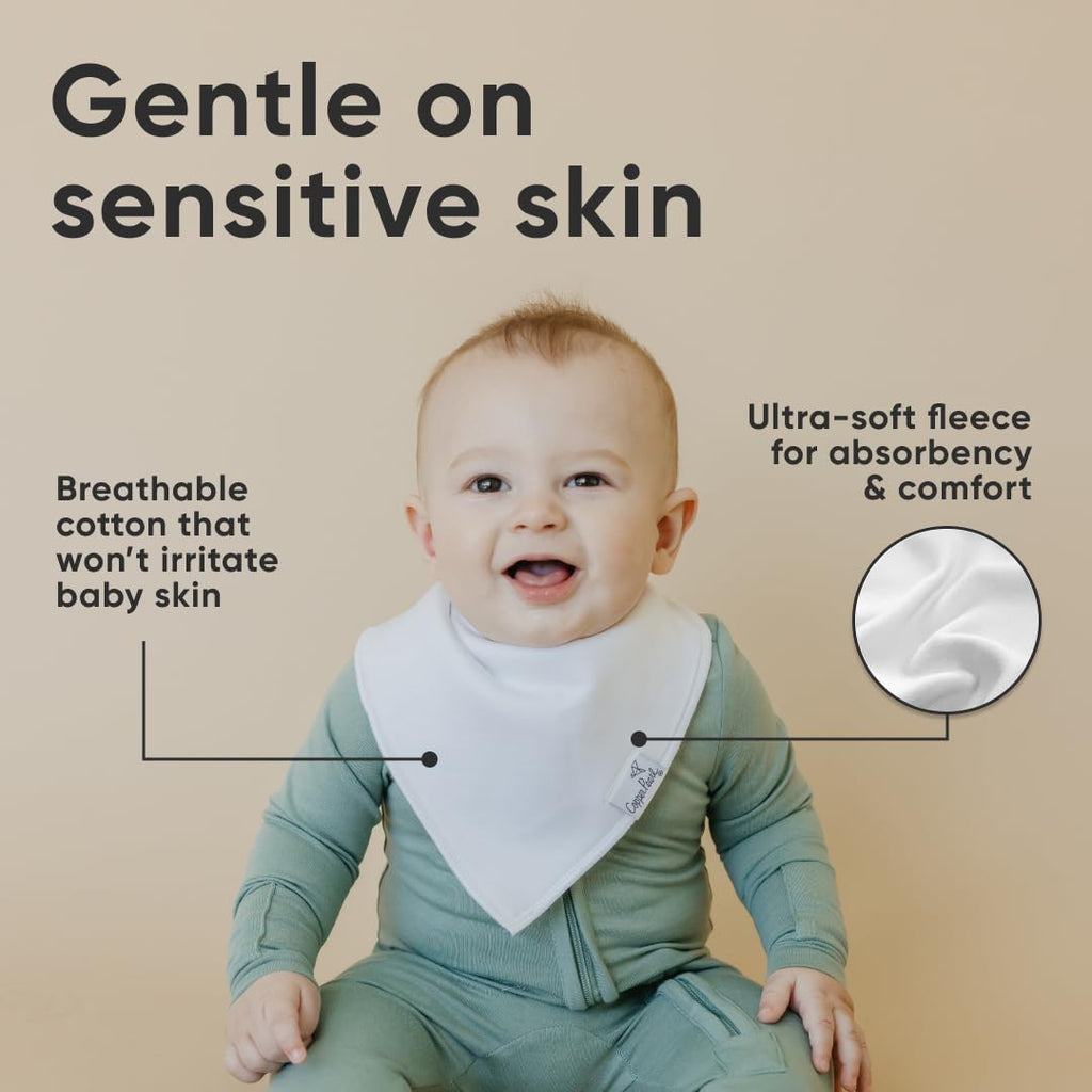 Copper Pearl 4 Pack Soft Cotton Baby Bibs for Drooling and Teething, Absorbent Drool Bibs for Baby Girl and Boy, Adjustable to Fit Newborns to Toddlers (White Basics)