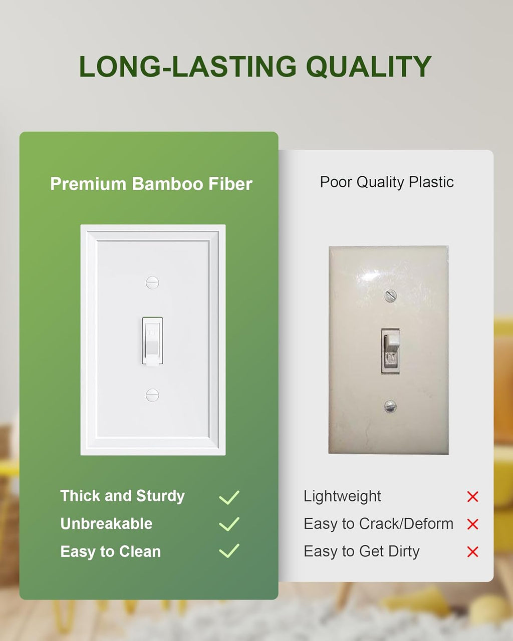 6-Pack Single Toggle Light Switch Covers Wall Plate, Pure White Decorative Switch Plate Covers, 1 Gang Natural Bamboo Fiber Wall Plate, Corrosion Resistant