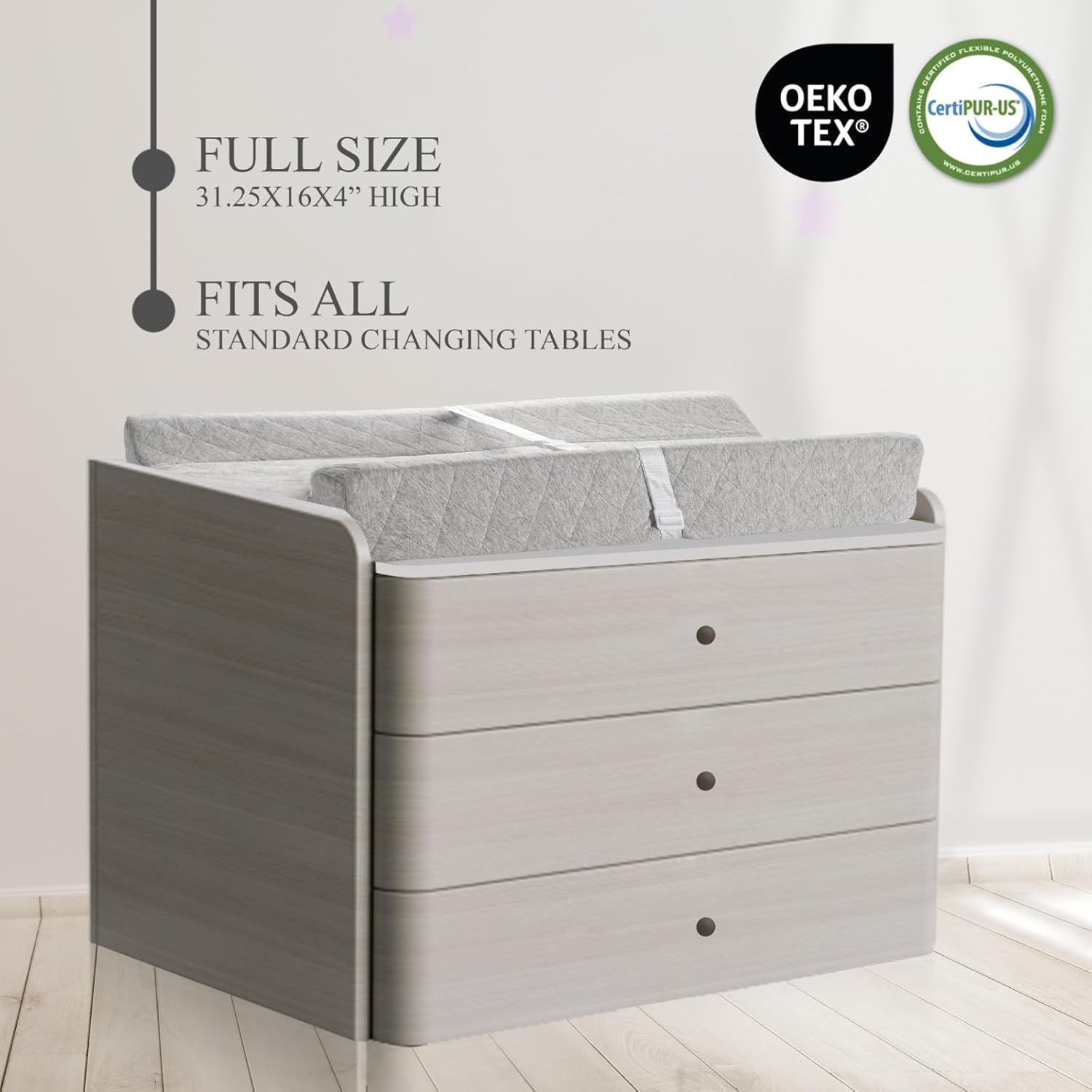 Organic Cotton Contoured Baby Changing Pad w/Waterproof Foam Mattress, Includes Soft, Removable & Washable Cover, Safety Strap, Non-Slip Bottom, Topper for Standard Size Infant Diaper Table & Dresser