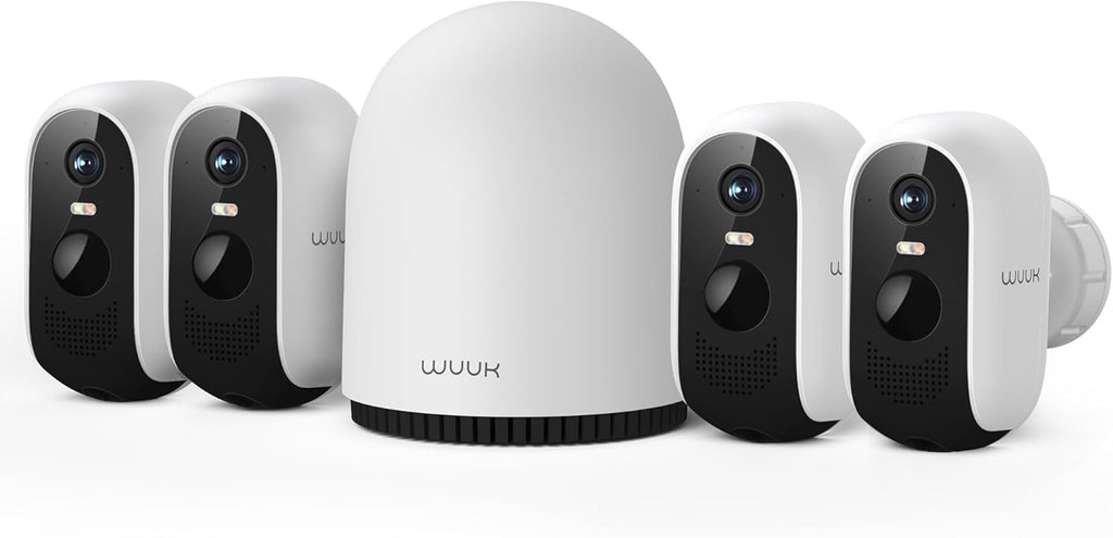 WUUK Security Cameras Wireless Outdoor 2K, Homebase + 4 Cameras, No Monthly Fees, 32GB Storage, 240 Days Battery Life, Night Vision, Motion Detection, 2.4/5 GHz WiFi, Compatible with Alexa & Google
