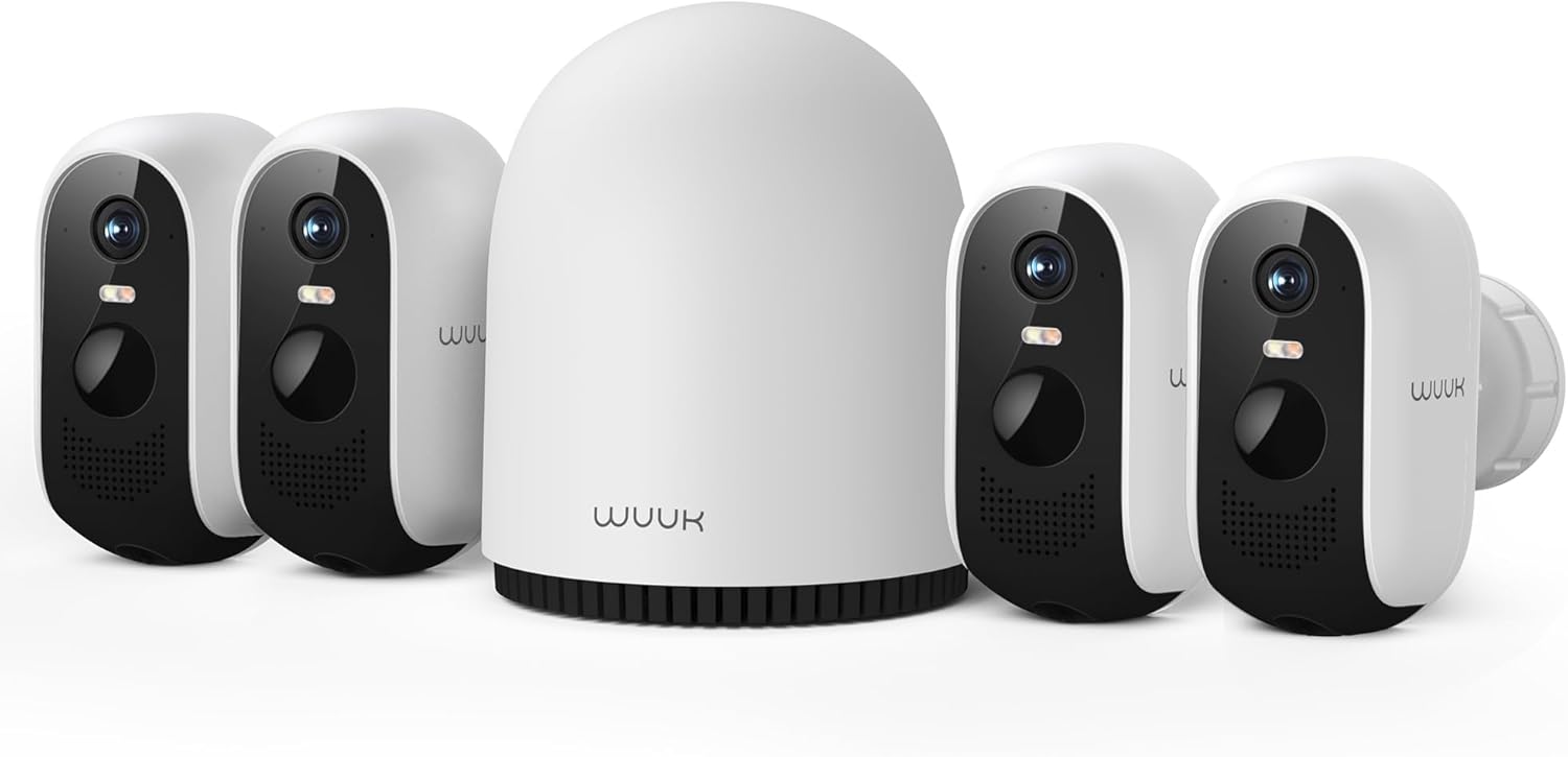 WUUK Security Cameras Wireless Outdoor 2K, Homebase + 4 Cameras, No Monthly Fees, 32GB Storage, 240 Days Battery Life, Night Vision, Motion Detection, 2.4/5 GHz WiFi, Compatible with Alexa & Google