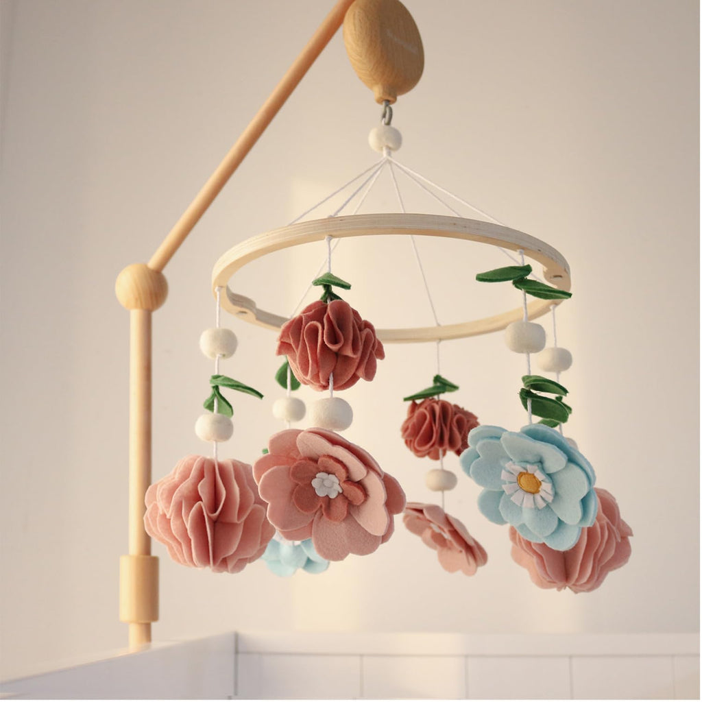 The Peanutshell Crib Mobile for Girls - Wooden Musical Baby Crib Mobile with 12 Lullabies, Wildflower Baby Floral Nursery Decor