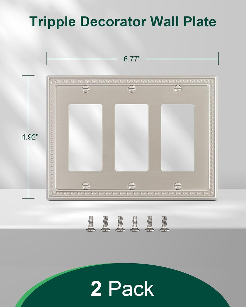 2-Pack Triple Decorator Outlet Cover Plate, Brushed Nickel Pearls Decorative Switch Plates and Outlet Covers, Metal Wall Plates for Electrical Outlets.