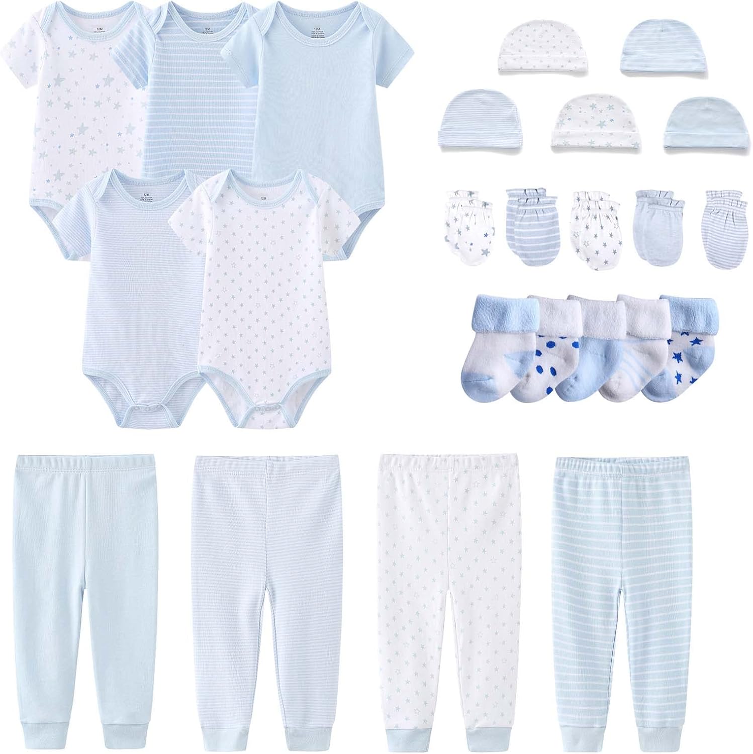 Newborn Layette Gift Set Bodysuits Pants for Baby Girl and Boy 24 Piece 100% Cotton Essentials and Accessories