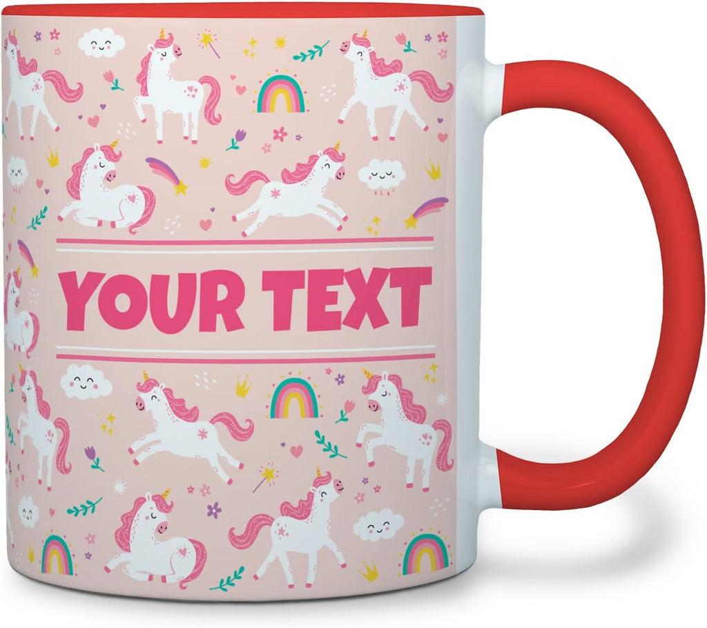 Personalized Mug for Kids - Pink Unicorn - Custom Name/Text, Ceramic Hot Chocolate/Cocoa/Coffee Cup for Girls, Birthday/Christmas/Holiday Gift - 11 oz, Red Handle