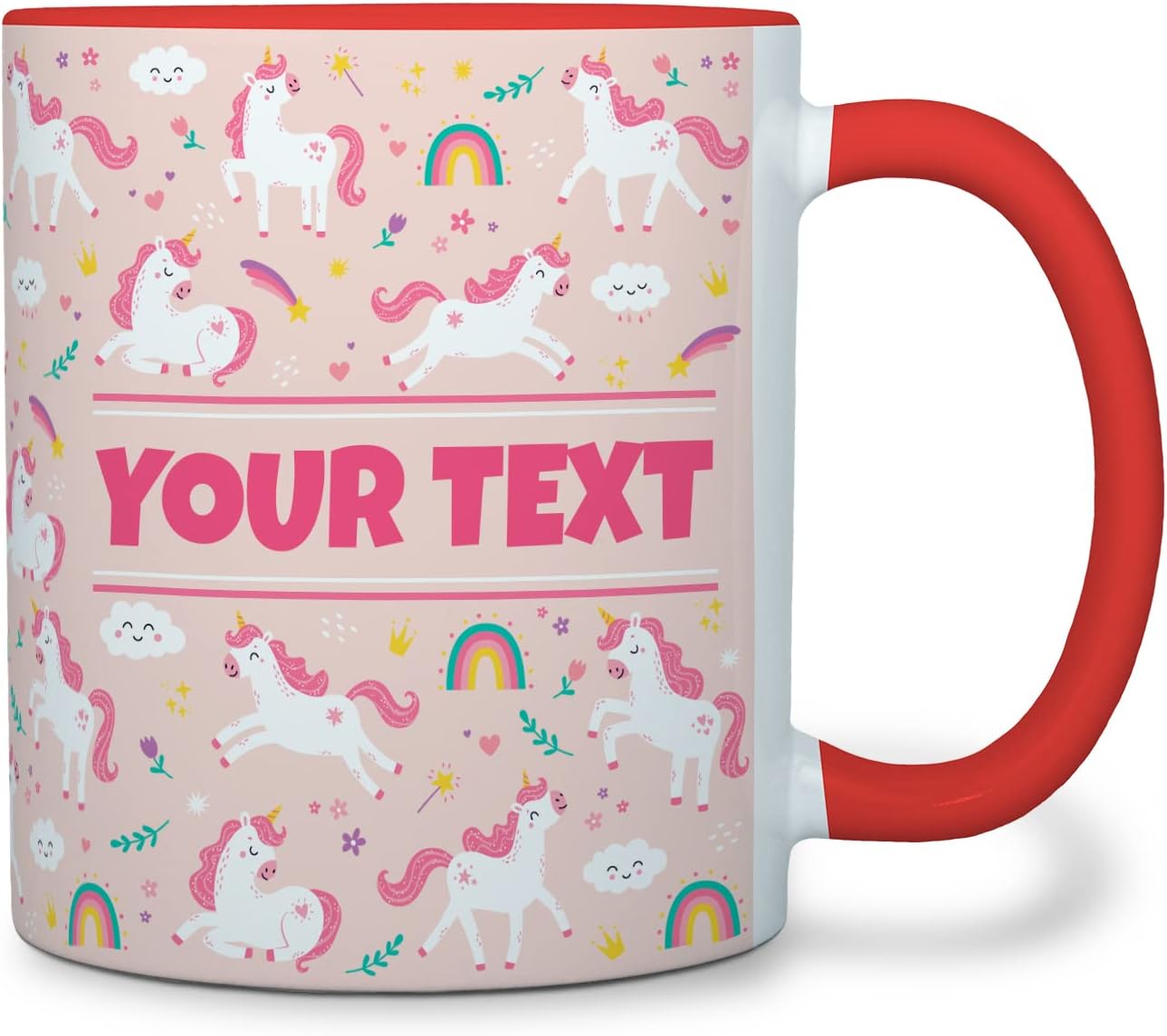 Personalized Mug for Kids - Pink Unicorn - Custom Name/Text, Ceramic Hot Chocolate/Cocoa/Coffee Cup for Girls, Birthday/Christmas/Holiday Gift - 11 oz, Red Handle