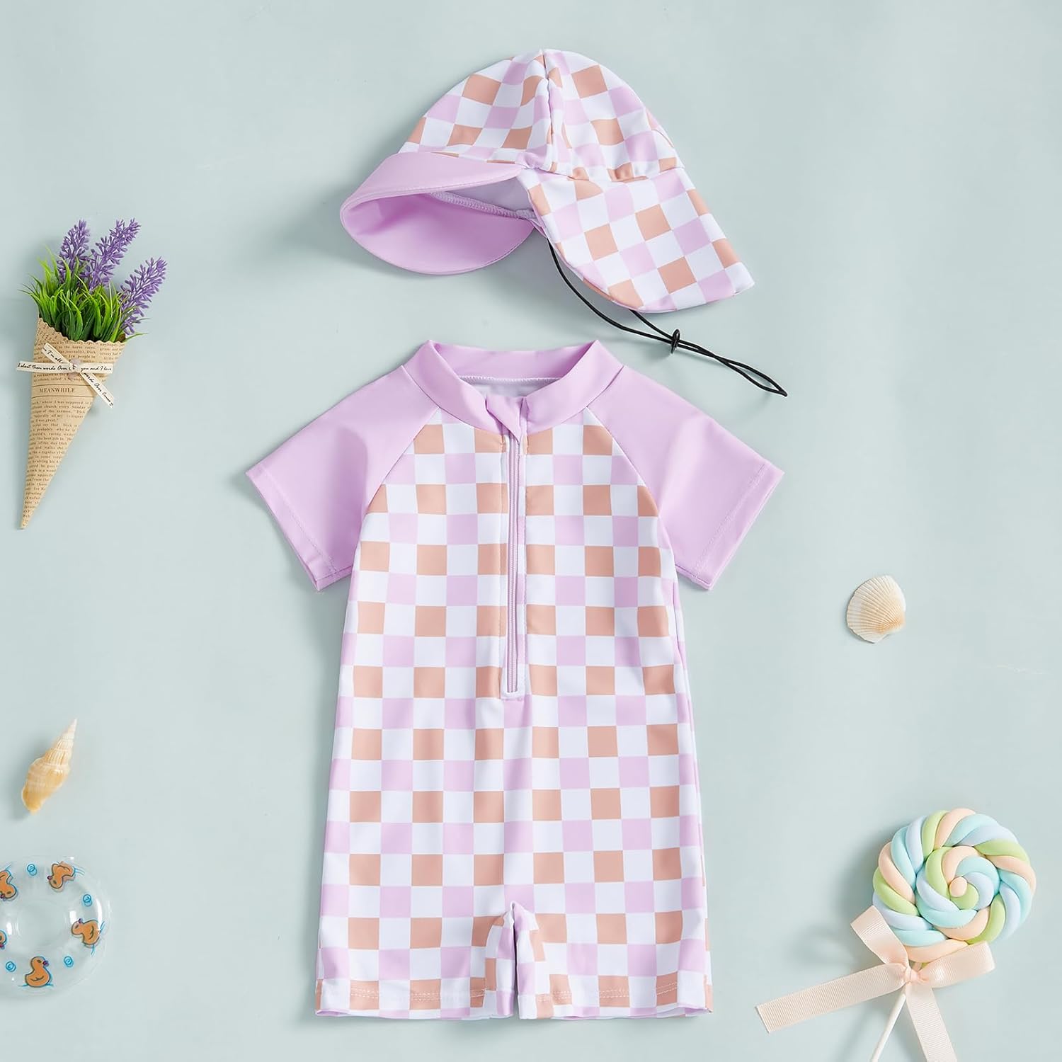 MAYUMMPY Baby Boys Girls Swimwear Casual Zipper One Pieces Rash Guard Swimsuit and Hat Beachwear Bathing Suit