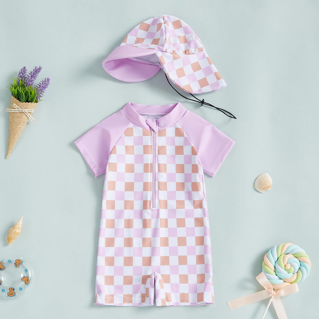 MAYUMMPY Baby Boys Girls Swimwear Casual Zipper One Pieces Rash Guard Swimsuit and Hat Beachwear Bathing Suit