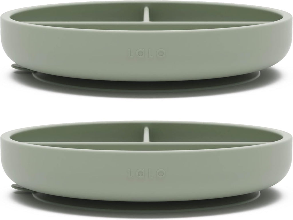Lalo Suction Plates - 2 Pack, 100% Silicone Non-Toxic BPA-Free Baby Plates with Suction Base To Prevent Accidental Tip-Overs - Suction Plates for Toddlers With Three Divided Sections - Sage