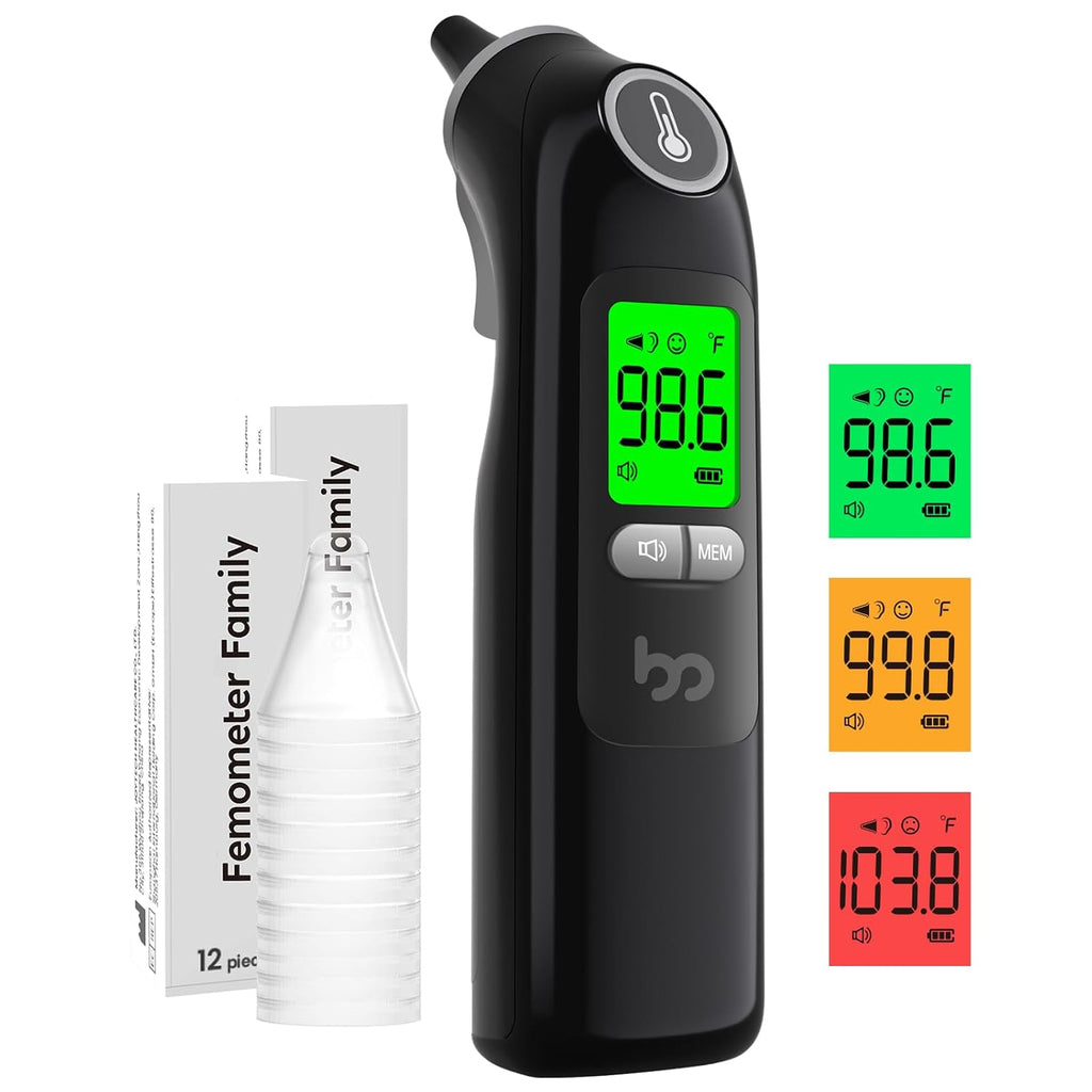 Ear Thermometer, Highly Accurate Ear Thermometer for Kids, Adults and Babies, 30 Memory Recall, 1s Result and 3-Color Fever Alert, with 24 Disposable Probe Covers, Black