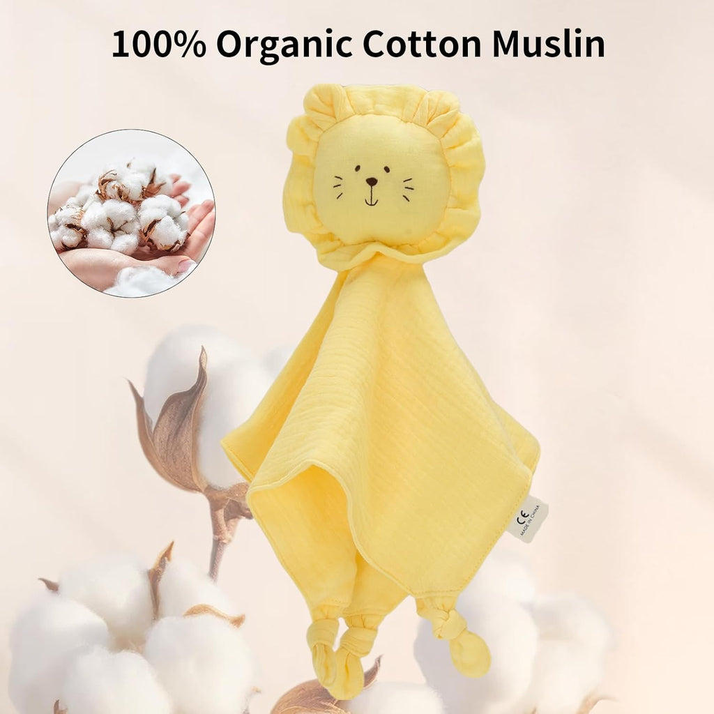 Organic Cotton Muslin Lion Loveys for Babies Baby Security Blanket Baby Snuggle Toy Newborn Essentials Must Haves(Lion-Yellow)