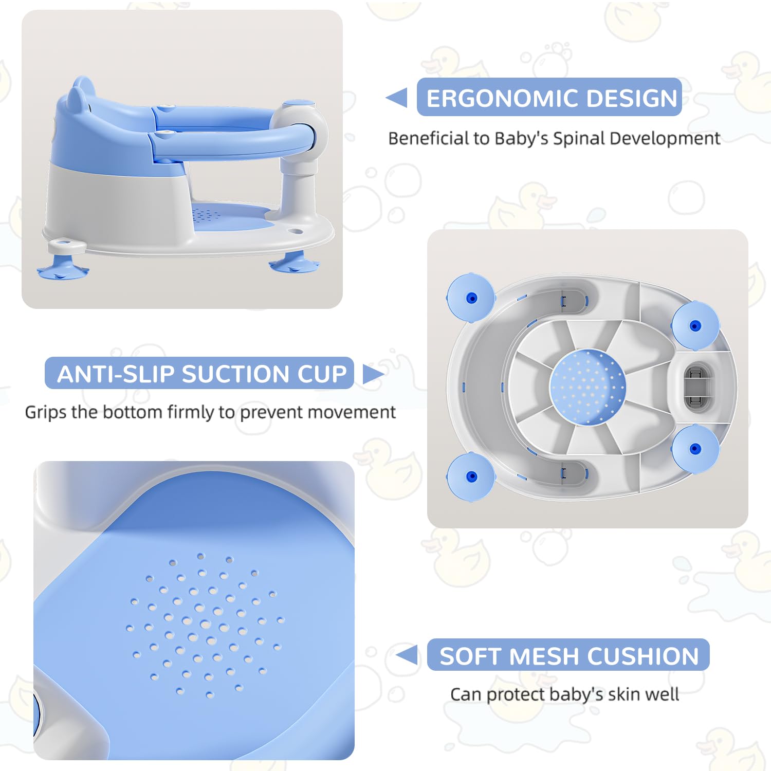 Baby Bath Seat for Babies 6 Months & up, Non-Slip Toddler Bath Seats for Babies Sitting Up, Safe Infant & Newborn Bathtub Chair with 4 Suction Cups & Soft Cushion for Shower,Blue