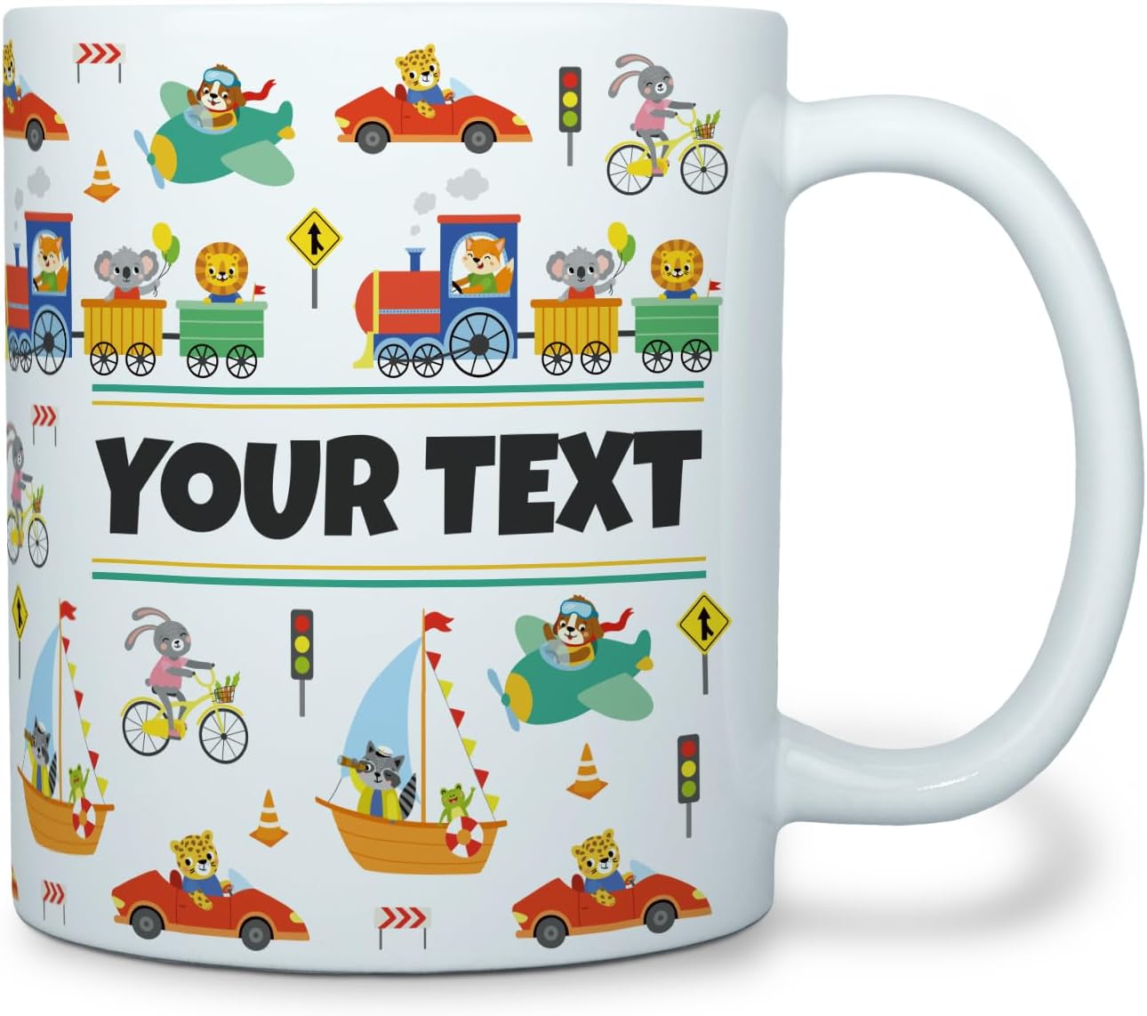 Personalized Mug for Kids - Vehicles - Custom Name/Text, Ceramic Hot Chocolate/Cocoa/Coffee Cup for Boys, Birthday/Christmas/Holiday Gift - 11 oz, White Handle