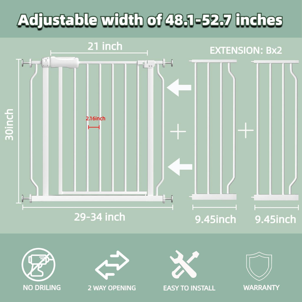 TSAYAWA Walk Through Baby Gate with Door, 48.1-52.7 Inch Wide Presure Mounted No Drill Metal Auto Close Child Gate for Stair Doorway - Indoor Outdoor Safty Gate for Toddler Dog Doggie, White
