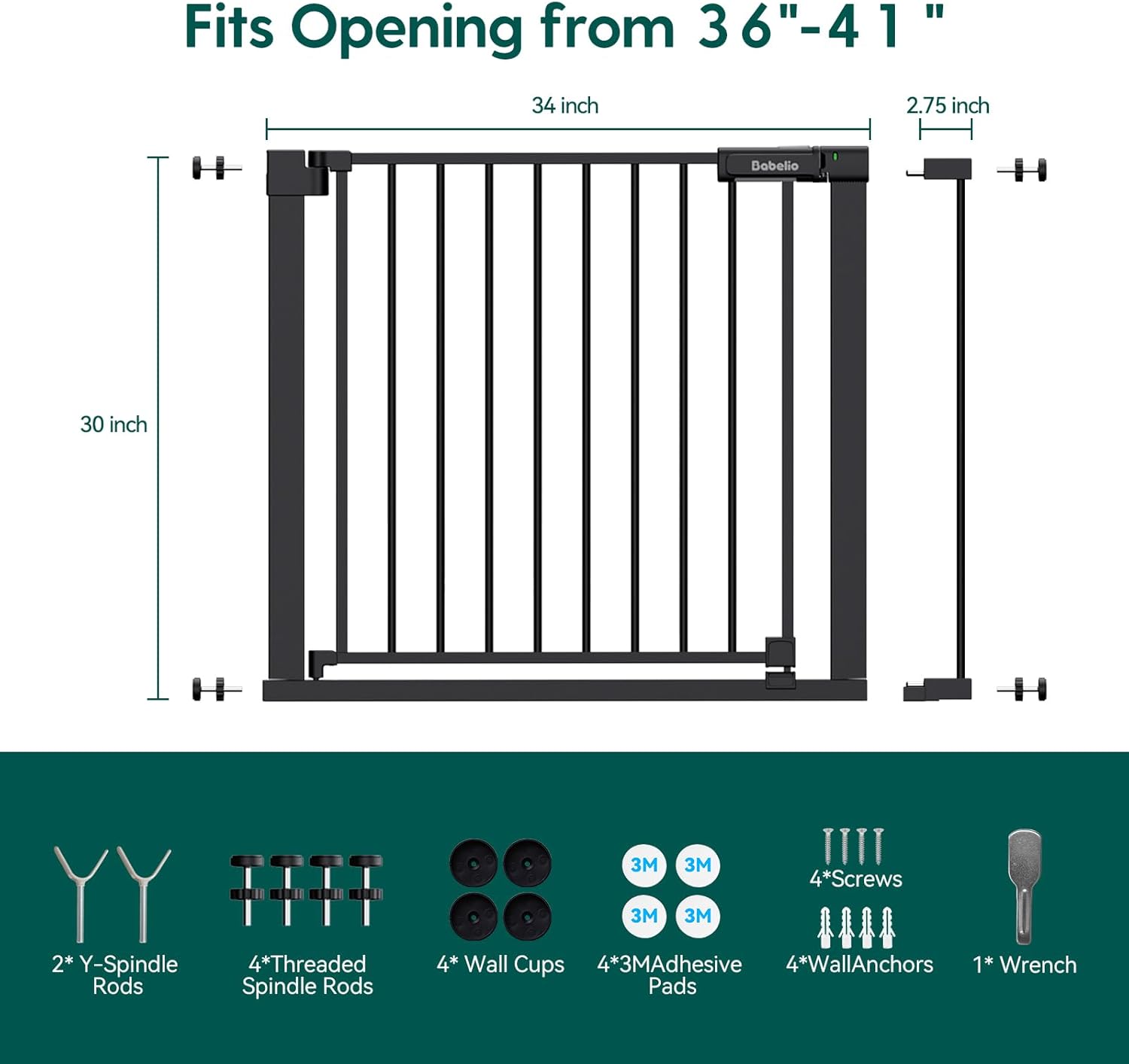 BABELIO Baby Gate for Doorways and Stairs, 36-41" Pet Gate with Wide Walk Thru Door and Lock Indicator, No Drill Pressure Mounted Safety Gate with Double Lock and Self-Closing, Black