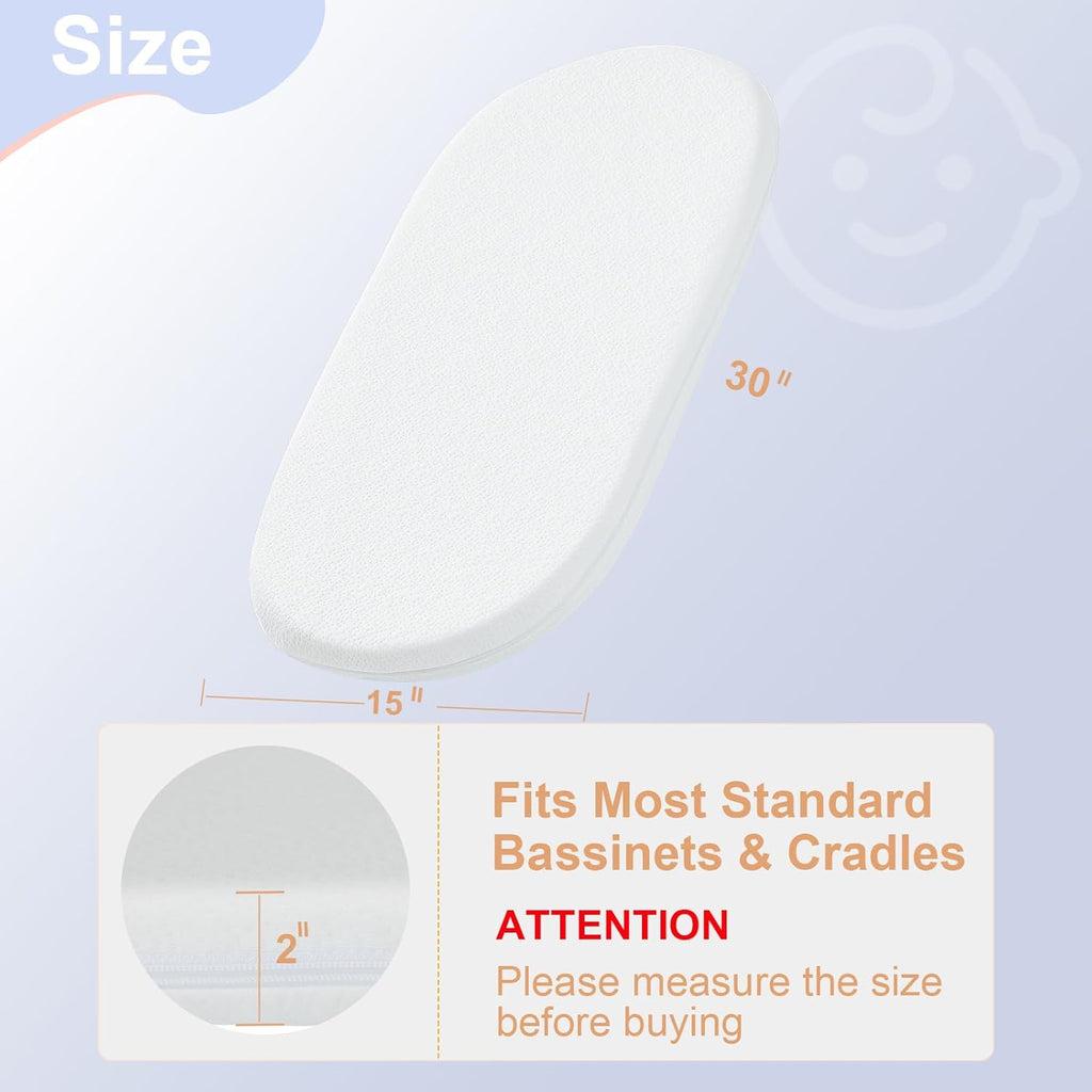 NeoBorn Baby Bassinet Mattress Pad, 30" x 15" Dual Sided Comfort Gel Memory Foam Mattress with Removable Breathable Soft Tencel Cover Fit for Dream On Me Lacy/Snoo/Moses Basket Baby Bassinet