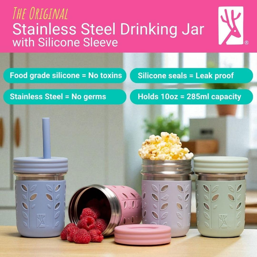 Elk and Friends 10oz Stainless Steel Kids + Toddler Drinking Cups | The Original Mason Jars with Lids + Sleeves + Straws | Smoothie Cups | Spill Resistant | Dishwasher Safe | 2 Pack