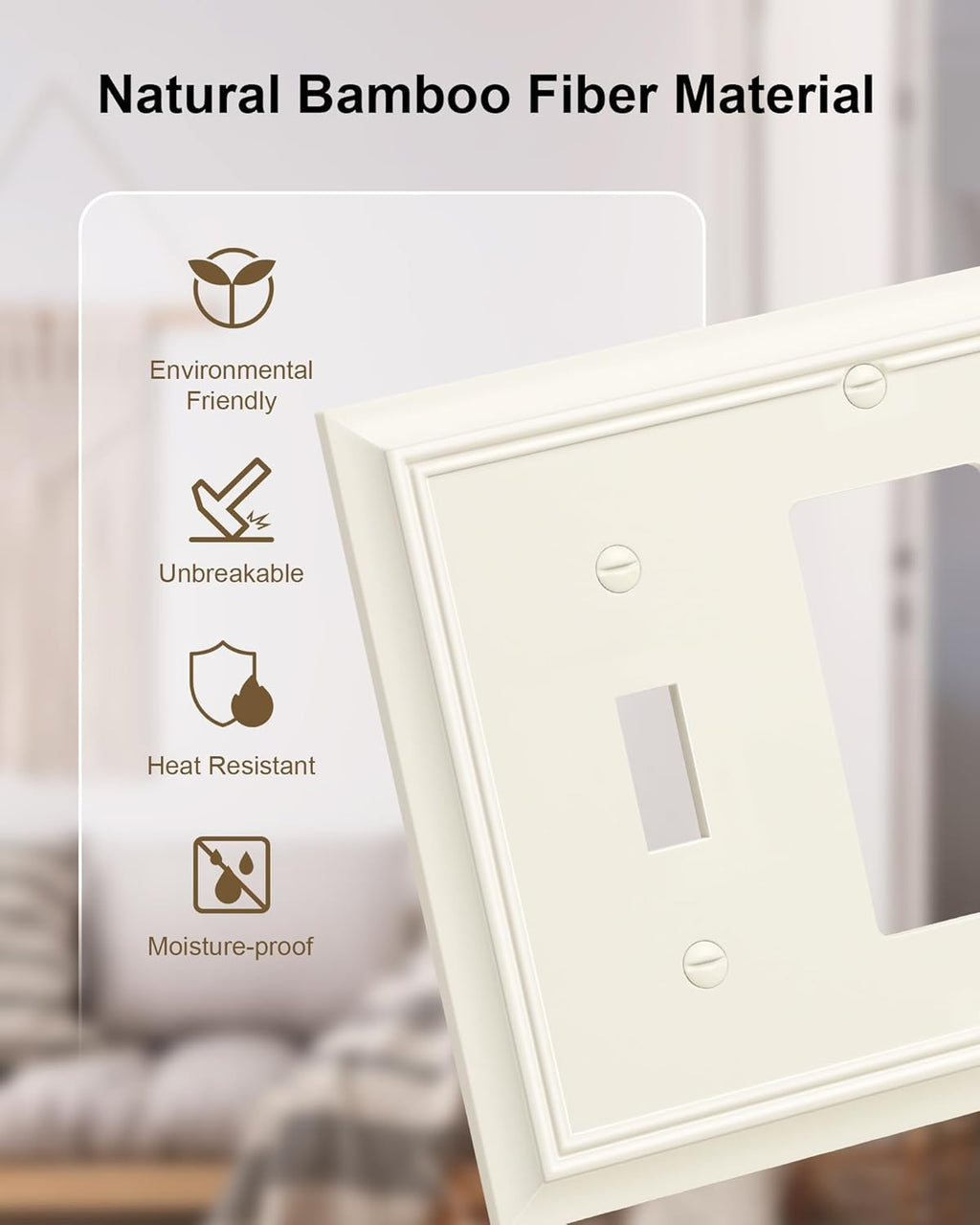 2-Pack Combo Toggle/Decorator Light Switch Cover Plate, Light Almond Decorative Electrical Outlet Covers, Durable Natural Bamboo Fiber Switch Plates and Outlet Covers, Corrosion Resistant