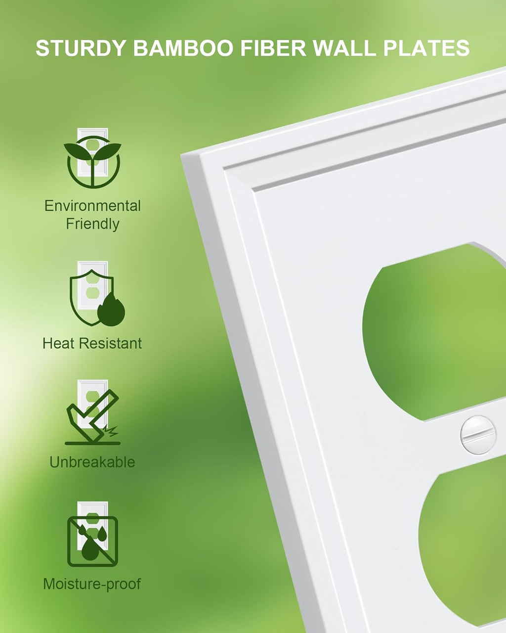 4-Pack Duplex Outlet Cover, Natural Bamboo Fiber Switch Plates and Outlet Covers, White Decorative Wall Plates for Electrical Outlets, 1 Gang Receptacle Cover, Corrosion Resistant