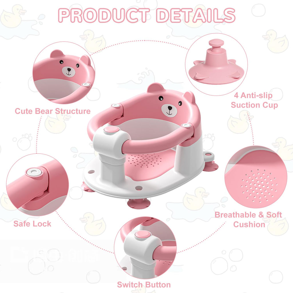 Baby Bath Seat for Babies 6 Months & up, Non-Slip Toddler Bath Seats for Babies Sitting Up, Safe Infant & Newborn Bathtub Chair with 4 Suction Cups & Soft Cushion for Shower,Pink