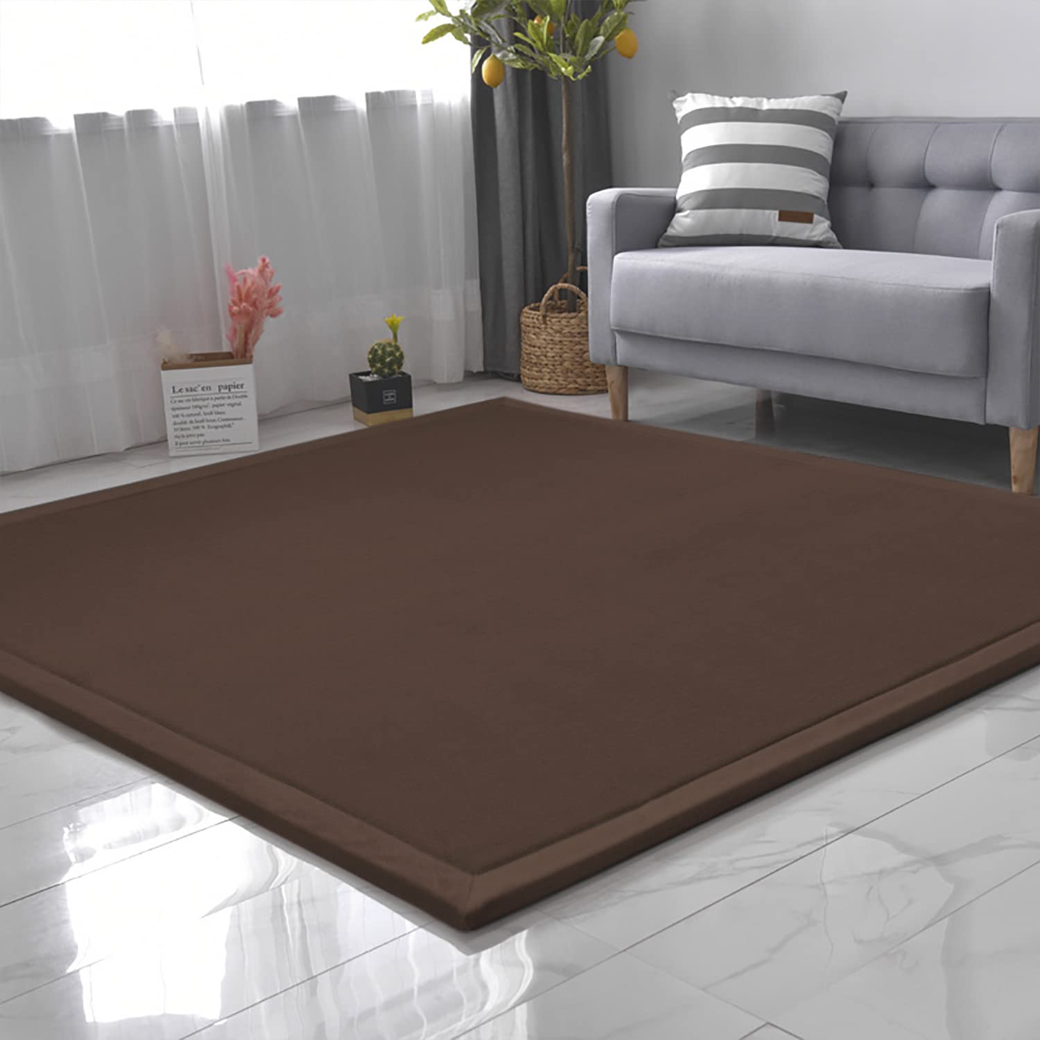 Loartee Coral Velvet Crawling Rug (6.0'x 6'8", Coffee) for Toddler Children Play Area Rug Yoga Mat Exercise Pad Carpet