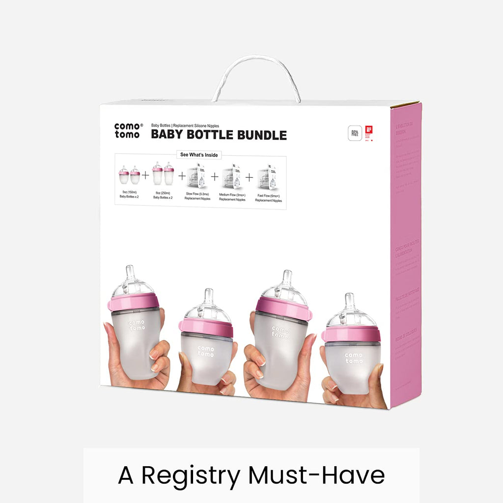 Comotomo Baby Bottle Bundle, Pink, (7 Piece Set)