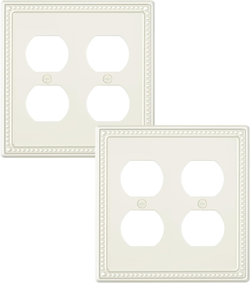 2-Pack Double Duplex Outlet Cover, Metal Switch Plates and Outlet Covers, Light Almond Pearls Decorative Wall Plates for Electrical Outlets, 2 Gang Receptacle Cover, Corrosion Resistant