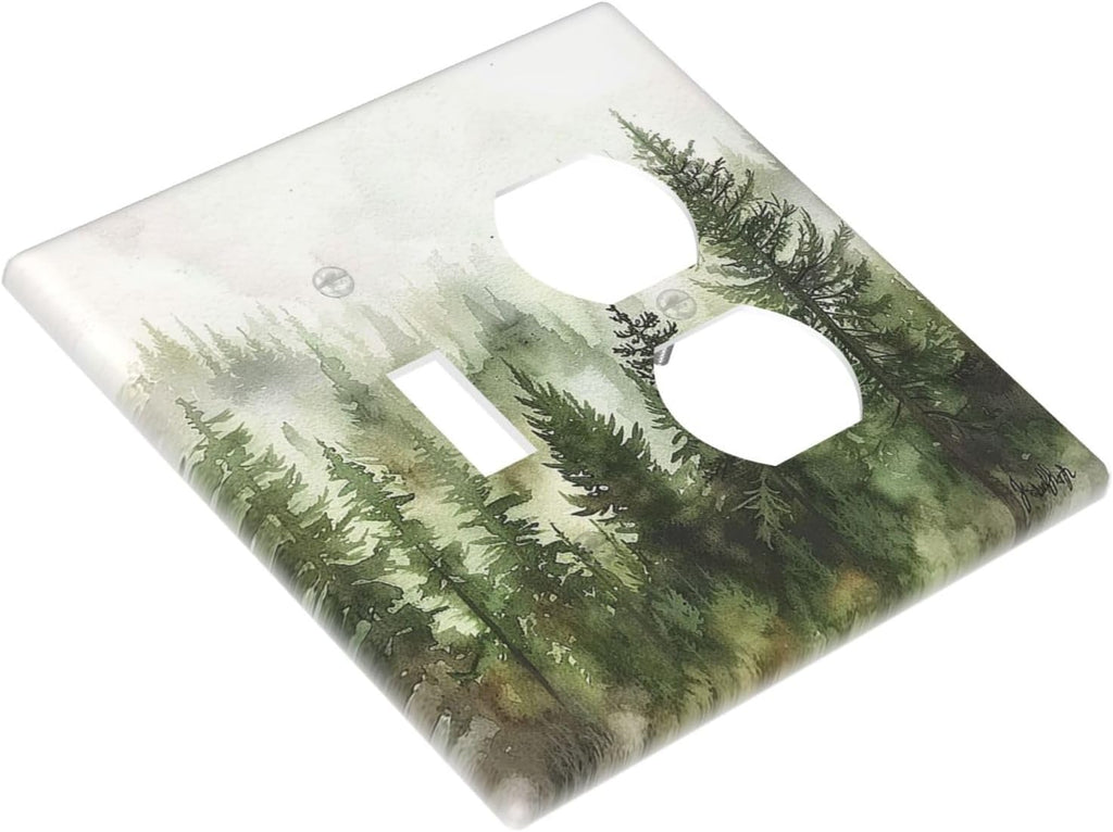 Wallplates Green Forest Watercolor Painting Foggy Pine 1 Toggle 1 Duplex Switch Plate Electrical GFCI Faceplate Decorative Light Switch Covers for Bedroom living Room Decor