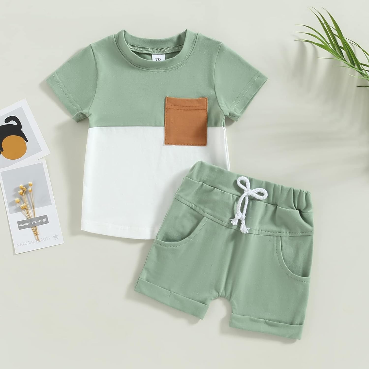 fhutpw Baby Toddler Boy Clothes Summer Outfits 6 12 18 24 Months Patchwork Short Sleeve T Shirt & Shorts Sets with Pockets