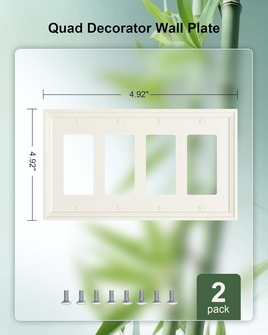 2-Pack Quad Decorator Outlet Cover Plate, Light Almond Modern Decorative Switch Plates and Outlet Covers, Natural Bamboo Fiber Wall Plates for Electrical Outlets