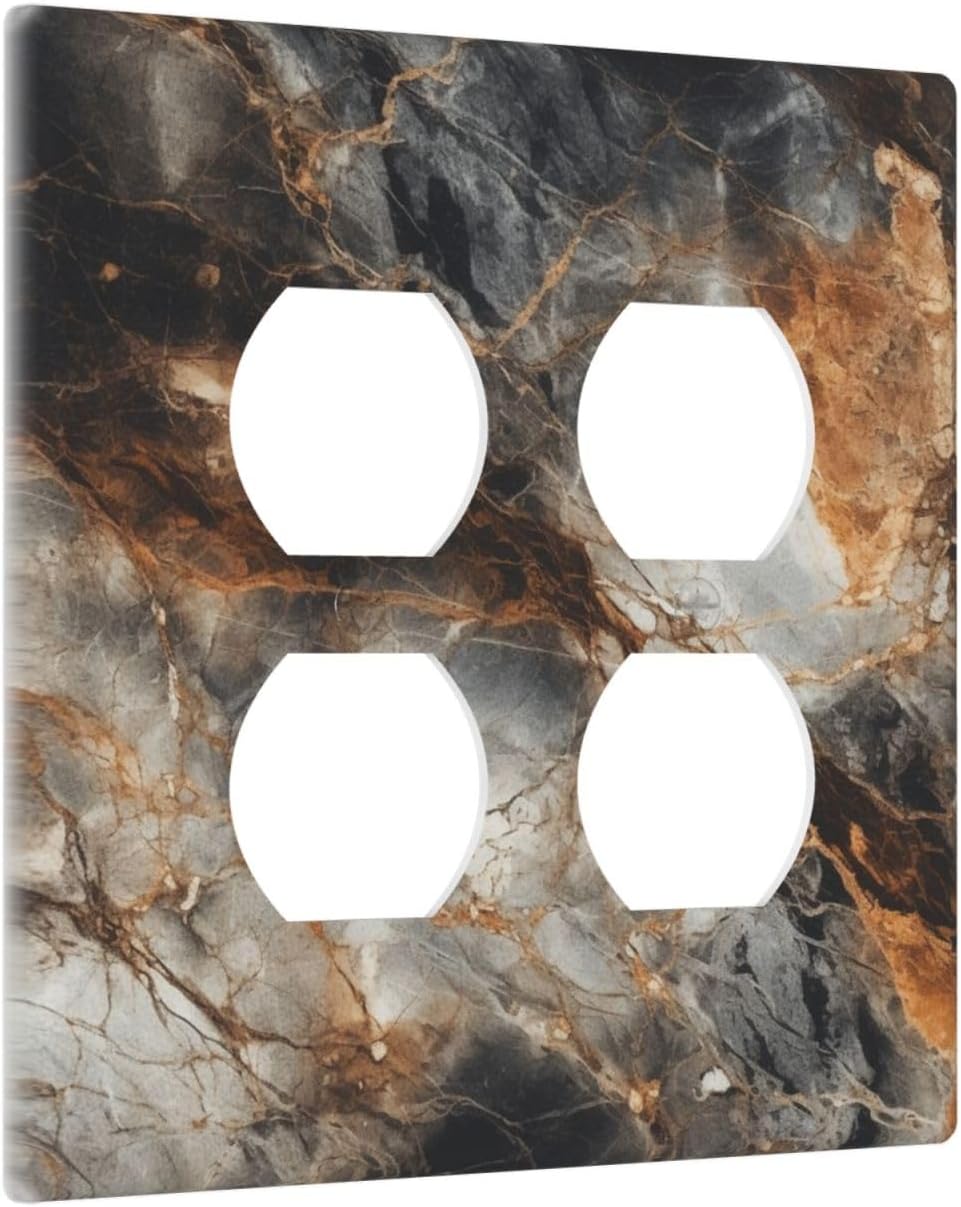 Brown Marble Granite Golden Lines Print Outlet Covers 2 Gang Double Duplex Decorative Light Switch Covers Electrical Wallplates Socket Faceplate for Bathroom Kitchen Decor
