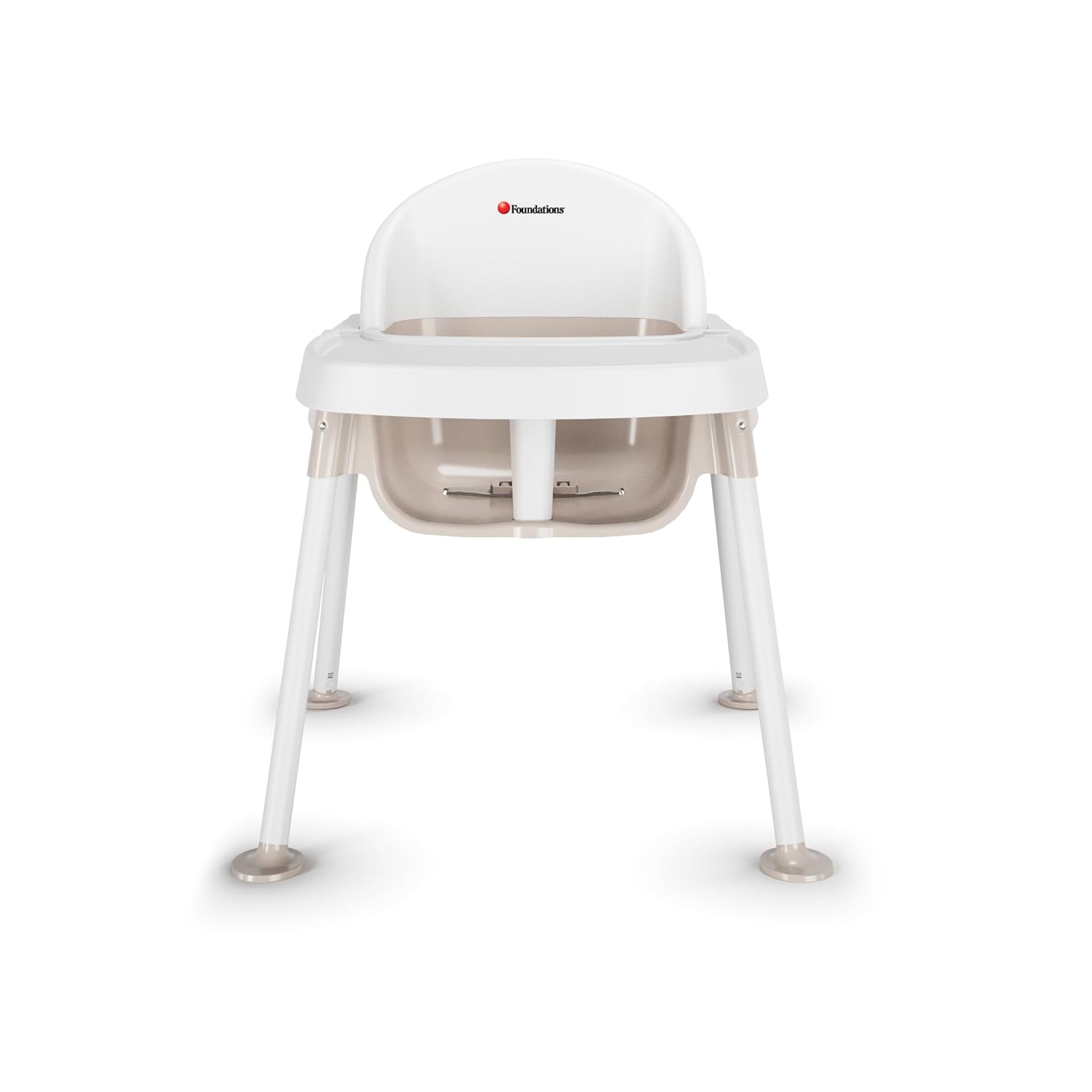 Foundations Secure Sitter 13" Feeding Chair, Stable “No Tip” Feet, 3-Point Adjustable Harness, Removable Tray, Easy to Clean, Smooth Plastic (White/Tan)