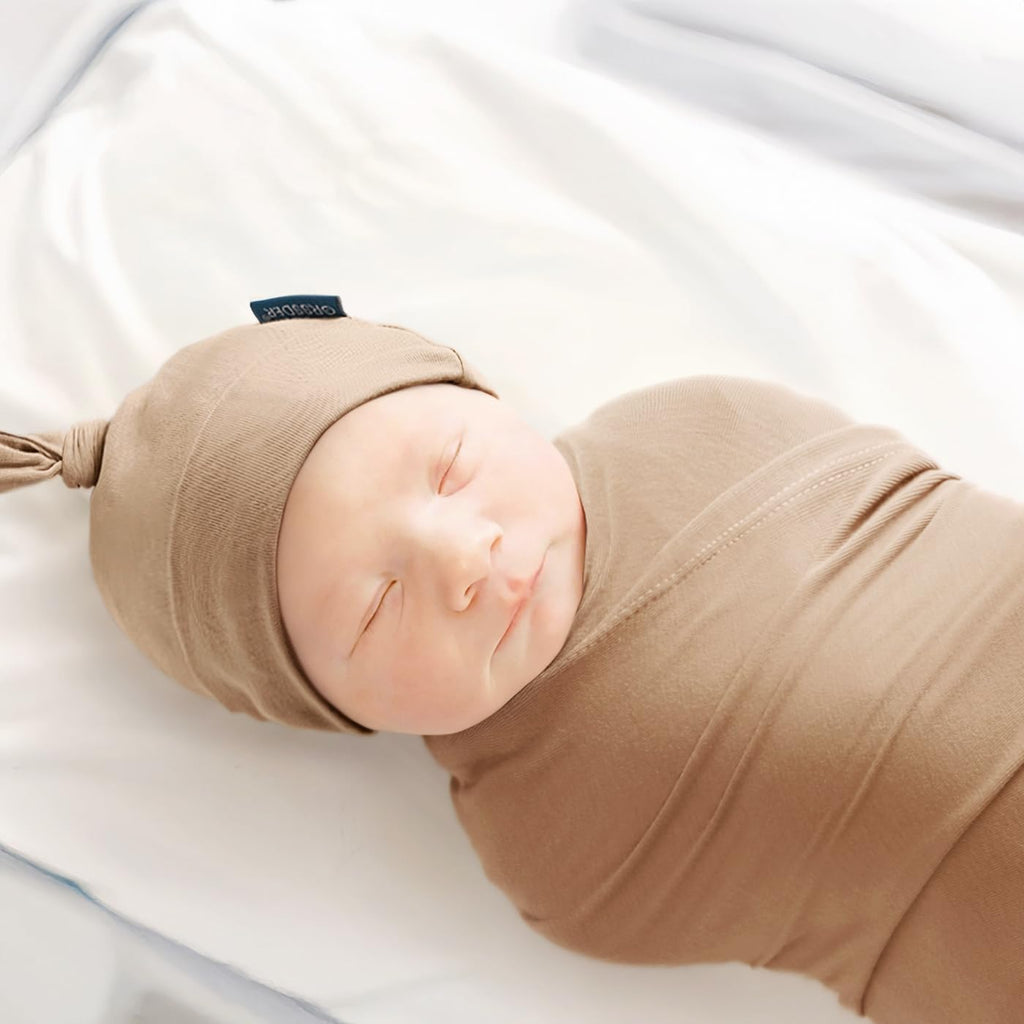 GRSSDER Newborn Swaddle Blanket, Ultra Soft Jersey Receiving Blanket with Matching Headband and Beanie Set 33×44", Stretchy Baby Neutral Swaddle Wrap for Girls and Boys