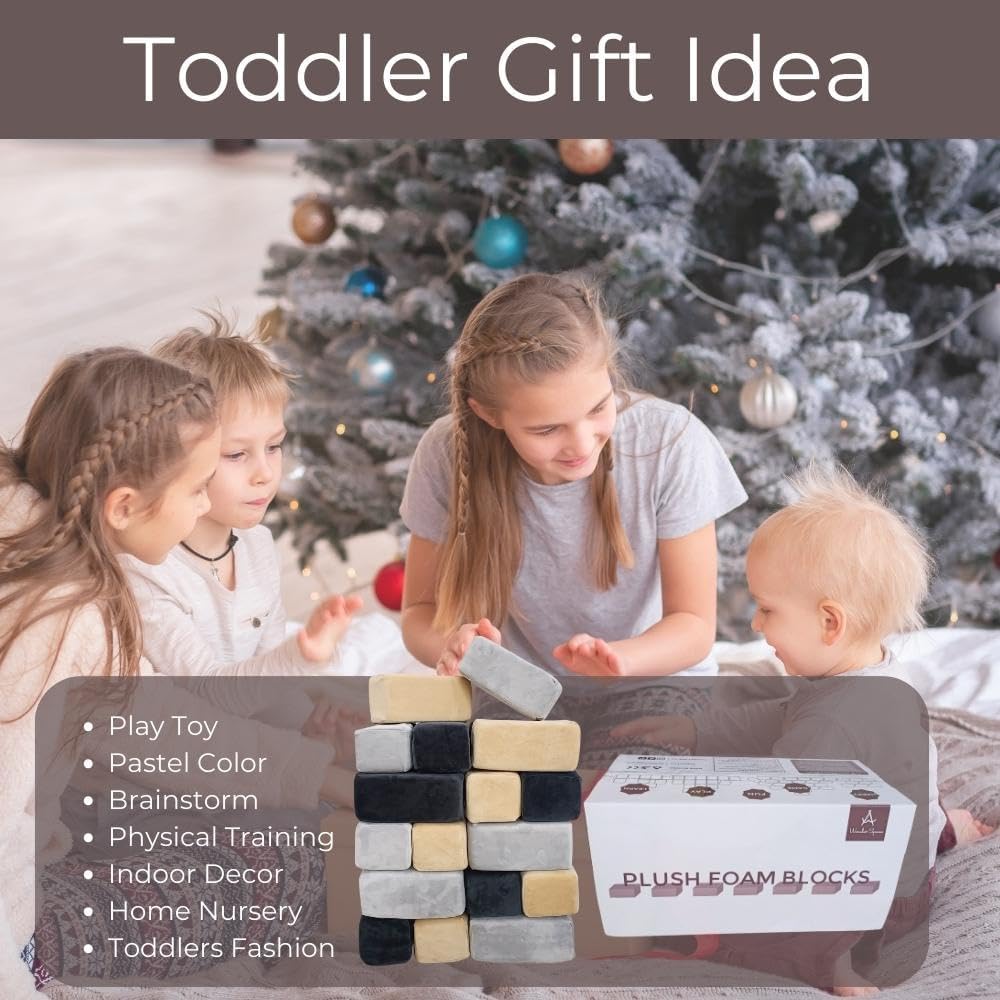 Wonder Space Plush Foam Blocks - Nursery Building & Stacking Toys for Toddlers Boys & Girls, Soft Smooth Velvet Cover, Early Education Gross Motor Skills & Brain Development (24 Bricks, Castle Rock)