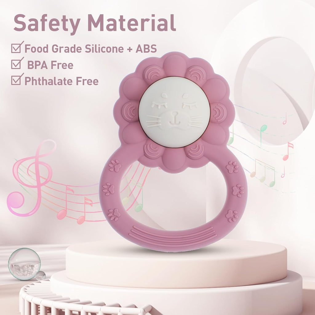 Rattle Teether, Lion Shape Montessori Baby Sensory Teething Toys, Food Grade Silicone BPA Free, Newborn Essentials Must Haves (Shifting Sand Dusty Lilac)