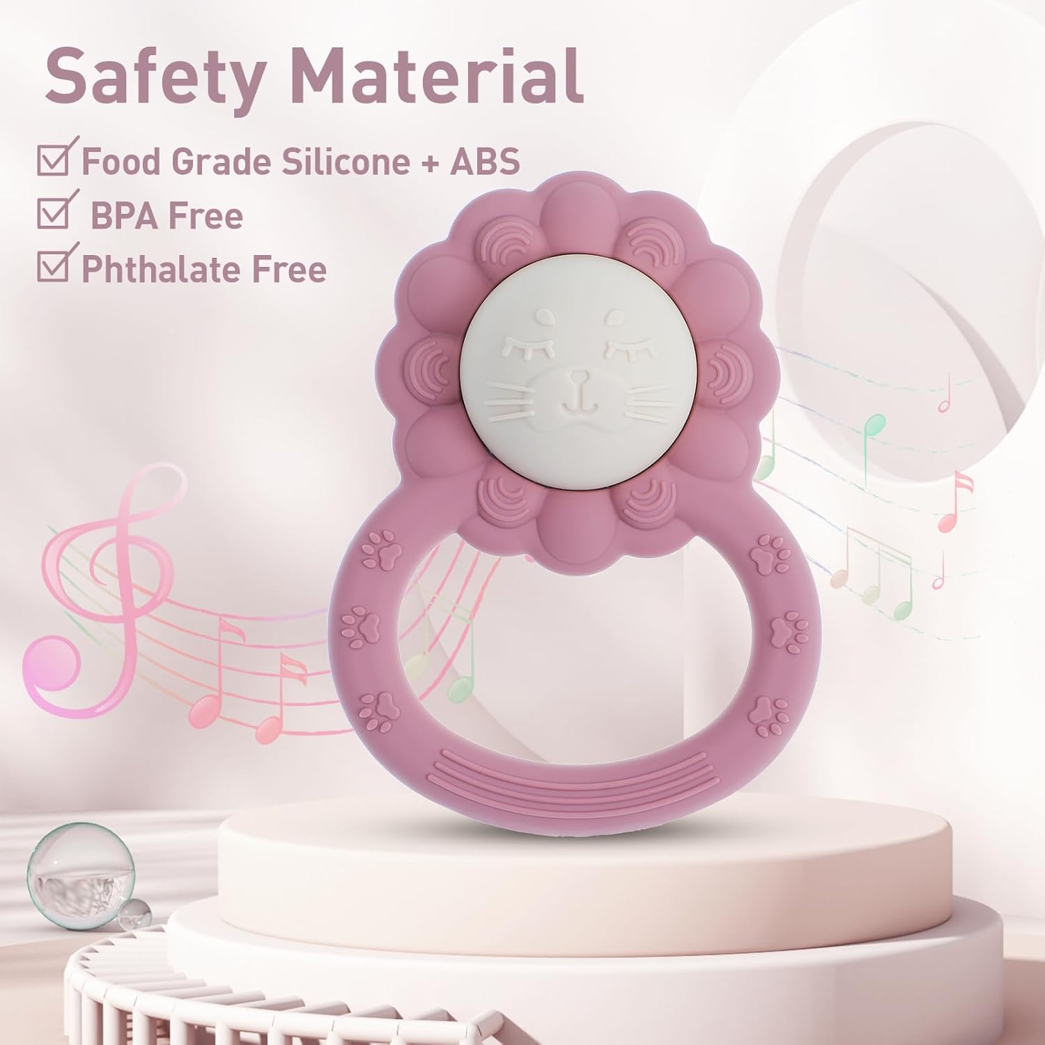 Rattle Teether, Lion Shape Montessori Baby Sensory Teething Toys, Food Grade Silicone BPA Free, Newborn Essentials Must Haves (Shifting Sand Dusty Lilac)