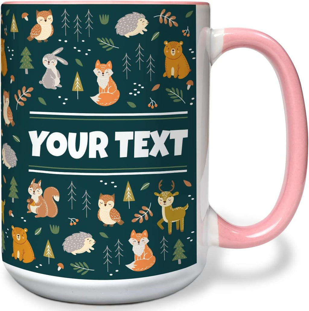 Personalized Mug for Kids - Woodland Animals - Custom Name/Text, Ceramic Hot Chocolate/Cocoa/Coffee Cup for Boys/Girls, Birthday/Christmas/Holiday Gift - 15 oz, Pink Handle