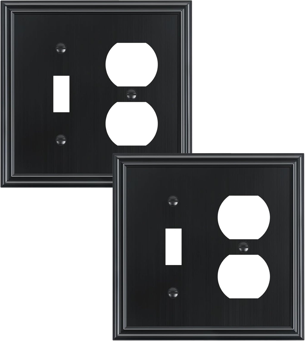 2-Pack Combo Toggle/Duplex Light Switch Cover Plate, Black Wall Outlet Cover Plate, Decorative Wall Receptacle Cover for Electrical Outlets, Light Switch, Durable Solid Zinc Alloy