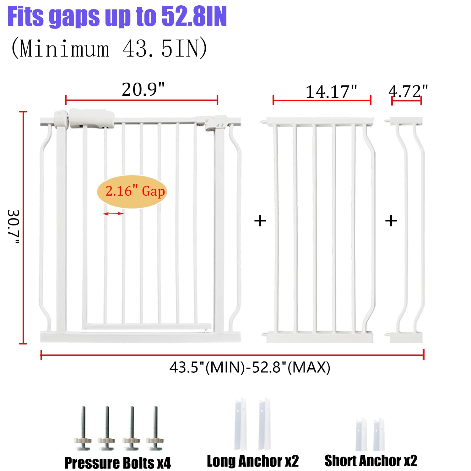 Extra Wide Baby Gate 48-53 Inch, Tension Mounted No Drilling, Pressure Mounted Indoor Safety Gate for Stairs & Doorways - Metal Design for Kids and Pets, White