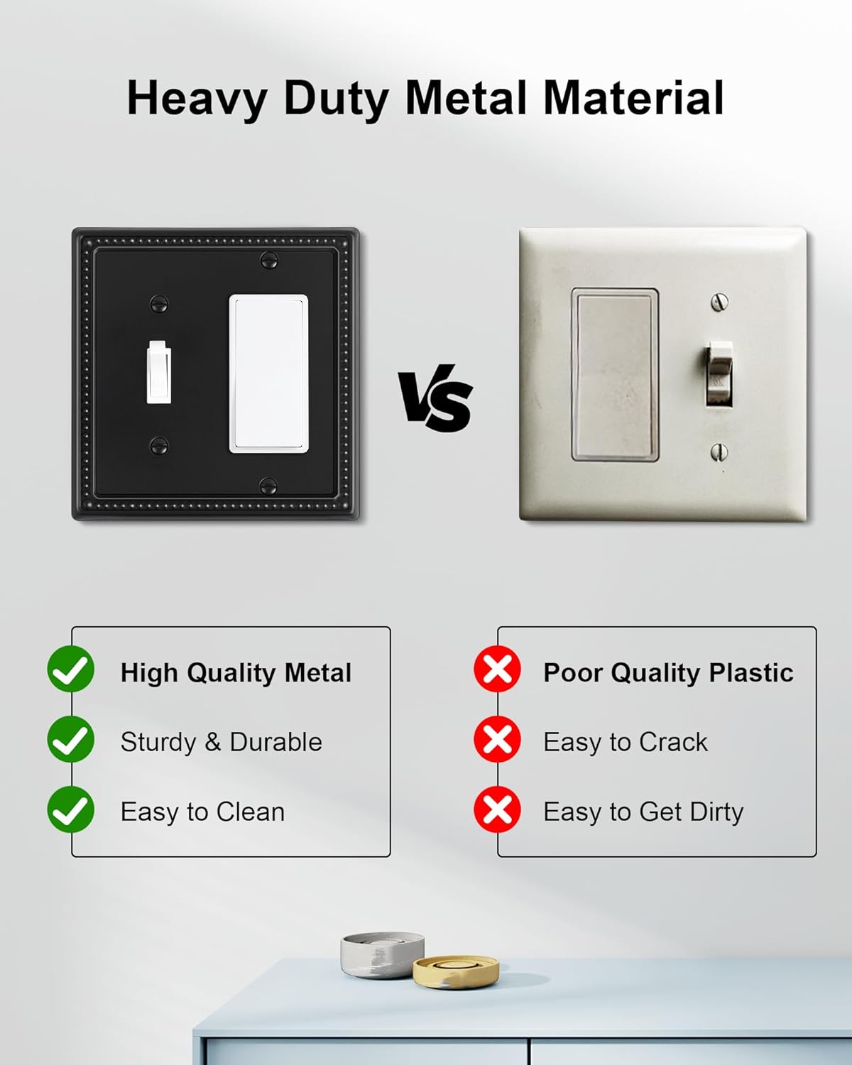 2-Pack Combo Toggle/Decorator Light Switch Cover Plate, Pearls Decorative Electrical Outlet Covers, Metal Wall Switch Plates and Outlet Covers, Black