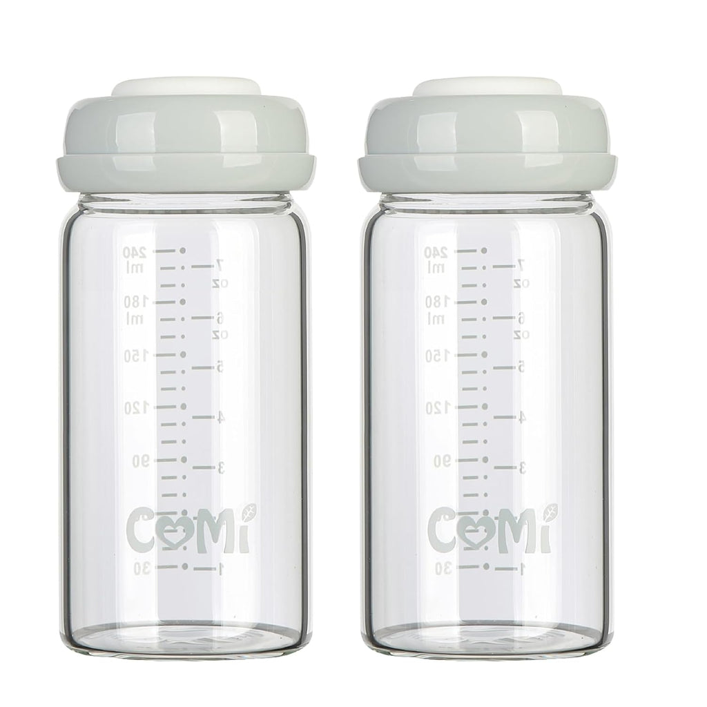 COMI Wide Neck Glass Breastmilk Collection n Storage Bottle, 8oz with Screw Ring Sealing Disk; Re-markable Sealing Disc. BPA Free, Fits Breast Pumps & Nipples (2 Gray Lids)